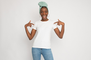 Black woman with confident pose in t-shirt mockup