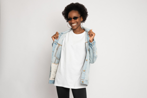 Black woman in jean jacket and t-shirt mockup