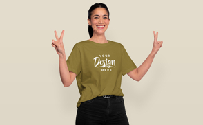 Happy woman in short t-shirt mockup