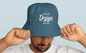 Brunette man in bucket hat mockup