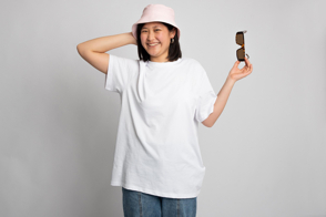Asian girl with nice hat and t-shirt mockup