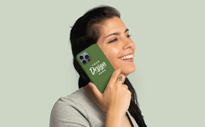 Woman talking with phone case mockup
