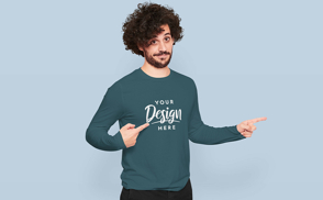 Man with curly hair posing in sweatshirt mockup