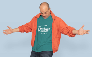 Man with open arms in jumper and t-shirt mockup