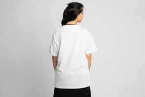 Latin american woman backwards in t-shirt mockup