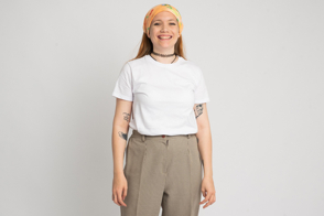 Smiling hispanic girl with bandana in t-shirt mockup