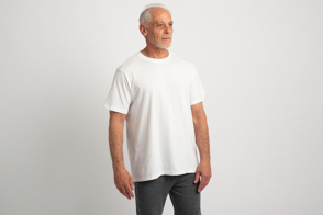 Senior male model in oversized t-shirt mockup