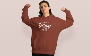 Strong brunette woman with hoodie mockup