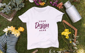 Garden flowers and t-shirt on grass mockup