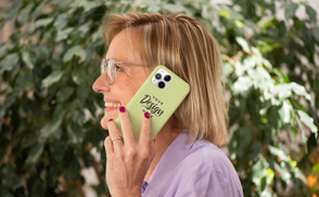 Blonde woman with glasses phone case mockup