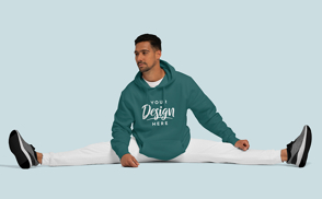 Brunette man stretching in hoodie mockup