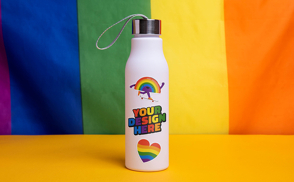 Water bottle with rainbow flag mockup