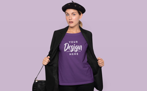 Woman with beret and t-shirt mockup