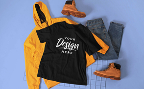 Yellow jacket and jeans with t-shirt mockup