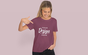 Blonde woman point to t-shirt mockup