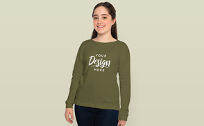 Teen girl smiling in sweatshirt mockup