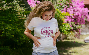 Pregnant woman in garden t-shirt mockup