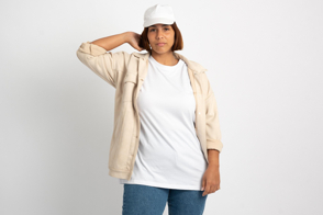 Young plus size woman in casual clothes and t-shirt mockup