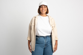 Plus size woman with jacket and t-shirt mockup