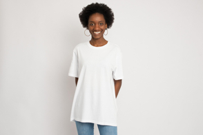 Black woman with nice earrings in t-shirt mockup