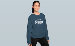 Brunette girl smiling in sweatshirt mockup