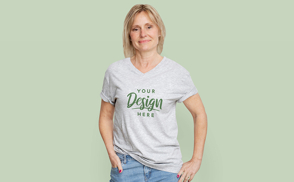 Blonde woman in casual pose t-shirt mockup