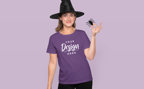 Woman in witch hat and t-shirt mockup