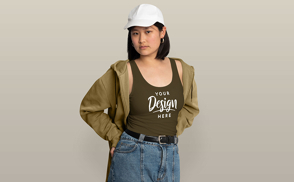 Asian woman in jacket and tank top mockup