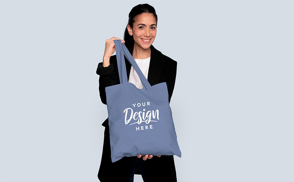 Brunette woman with tote bag mockup