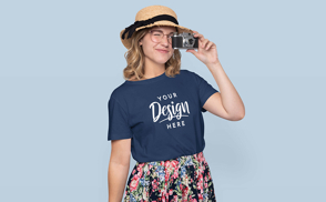 Girl with camera and t-shirt mockup