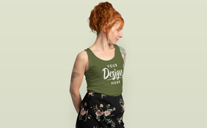 Redhead woman in skirt and tank top mockup