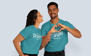 Romantic couple in t-shirts mockups