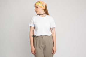 Hispanic woman with bandana in t-shirt mockup