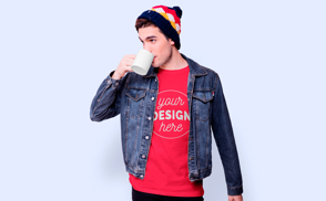 man drinking coffee t-shirt mockup