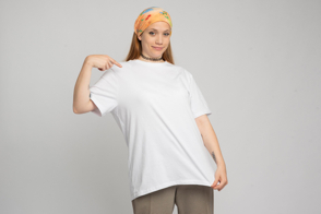 Hispanic woman modeling bandana and t-shirt mockup