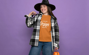 Teen girl in witch costume t-shirt mockup