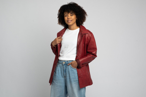 Black woman with red jacket and t-shirt mockup