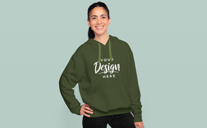 Happy female model posing in hoodie mockup