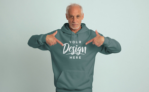 Senior male model with hoodie mockup