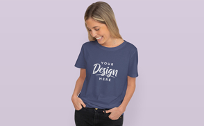 Blonde woman smile in t-shirt mockup