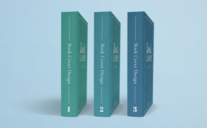 Three book spines on solid background mockup