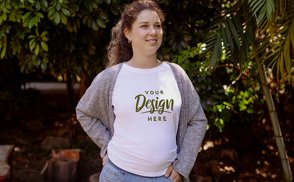 Pregnant woman in park and t-shirt mockup