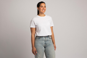 Hispanic woman in jeans and t-shirt mockup