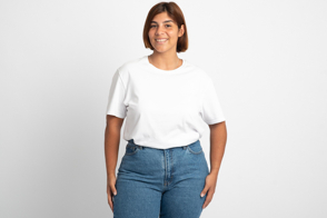 Plus size young woman in jeans and t-shirt mockup