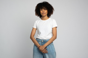 Black woman with cool afro in t-shirt mockup