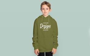 Cute boy child in hoodie mockup