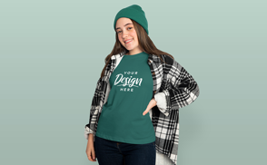 Teen in flannel shirt and t-shirt mockup