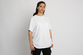 Latin american girl in cargo pants and t-shirt mockup