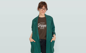 Woman with glasses and green blazer t-shirt mockup