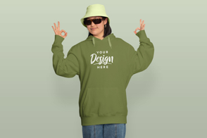 Young girl in sunglasses and hoodie mockup